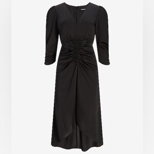 Express Satin Puff Shoulder Ruched Midi Dress